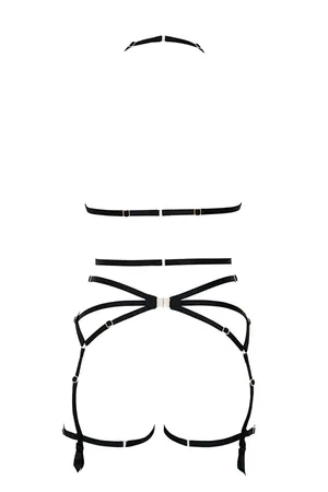 Black faux leather strappy full body harness with O-rings