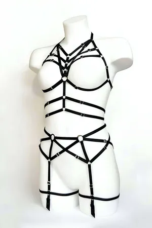 Black Faux Leather Full Body Cage Harness Set Adjustable Garters