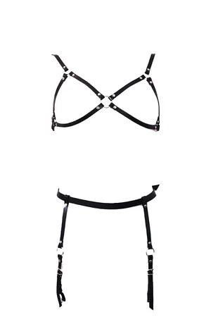 Black Faux Leather Chest Harness and Garter Belt Set with Silver O-Rings