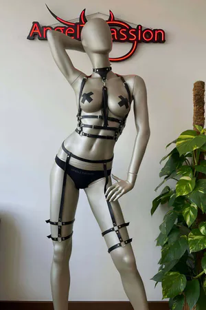 Black Faux Leather Full Body Harness Set with Tassel Choker and Garter Straps