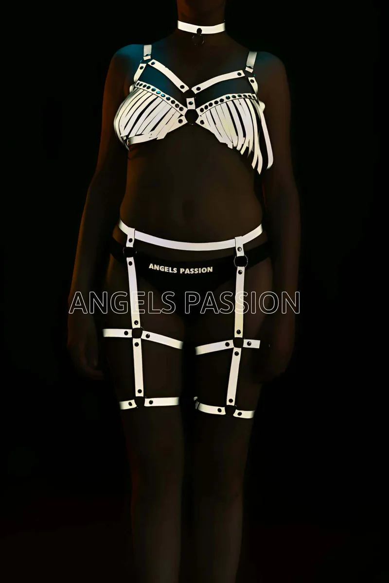 Reflective Harness Set Front View Silver Fringe Bra and Garter Straps Lingerie Outfit with Cross-Strap Design