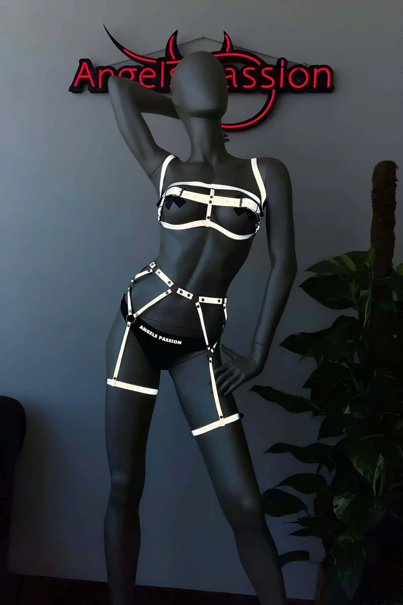 Back View Reflective Harness Women Adjustable Waist Straps Black Full Body Lingerie Set with Garter Straps