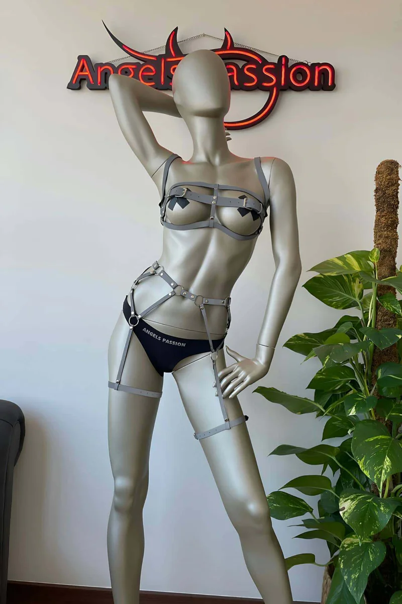 Close-Up Reflective Tape Detail 1.5cm Wide on Chest Panel of Silver Full Body Harness with Garter Straps