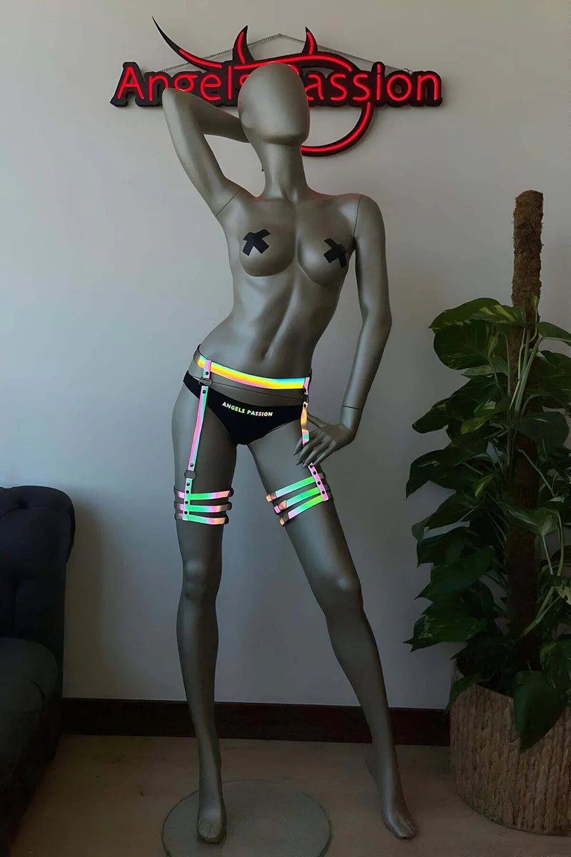 Holographic reflective waist and thigh harness set on mannequin showing front view