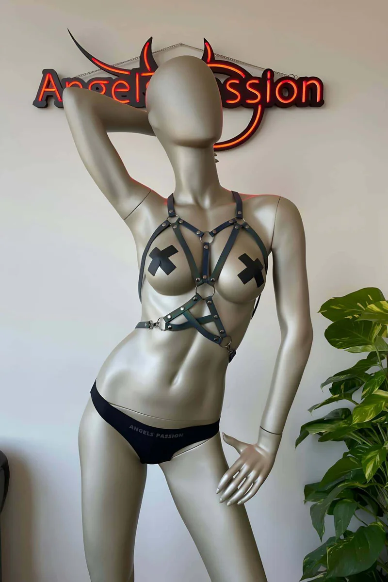 Iridescent Body Harness Close-Up Reflective Surface Detail on Mannequin with Cross-Strap Design and Black Underwear