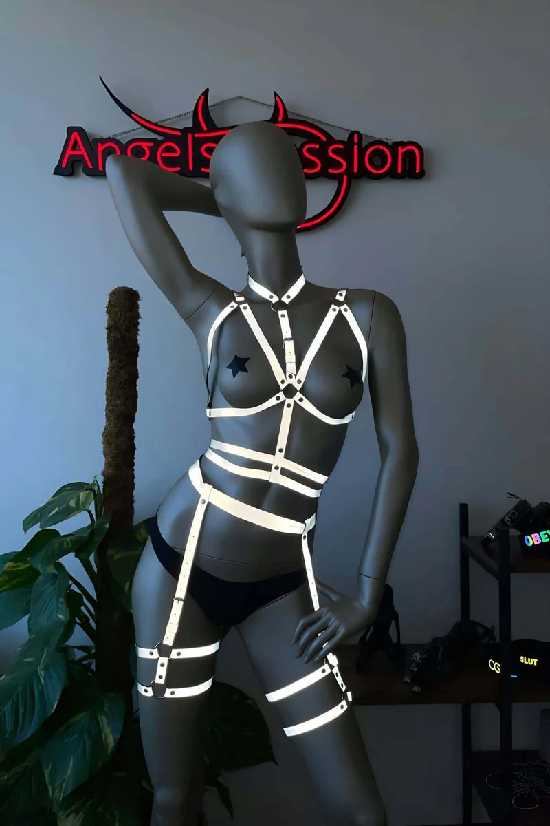 Reflective lingerie set with thigh straps and garter detail