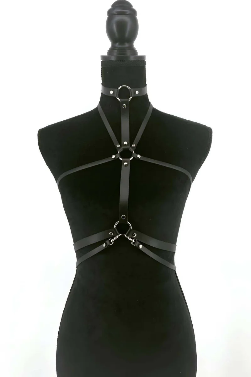 Black Faux Leather Harness Close-up O-ring Detail