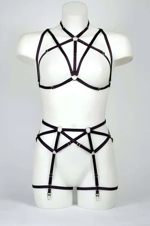 Black Pentagram Body Harness Bra and Garter Set Elastic Straps
