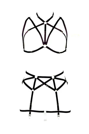 Black Pentagram Body Harness Bra and Garter Set Elastic Straps