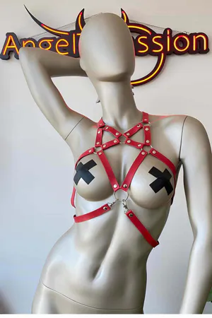 Red Caged Chest Harness Star Studs O-Rings Faux Leather