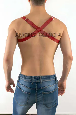 Red Faux Leather X-Back Chest Harness Silver O-Rings
