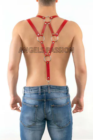Red Faux Leather Suspender Harness O-Rings Adjustable Clasps