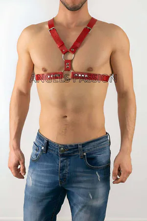 Red Faux Leather Chest Harness with Silver O-Ring on Model
