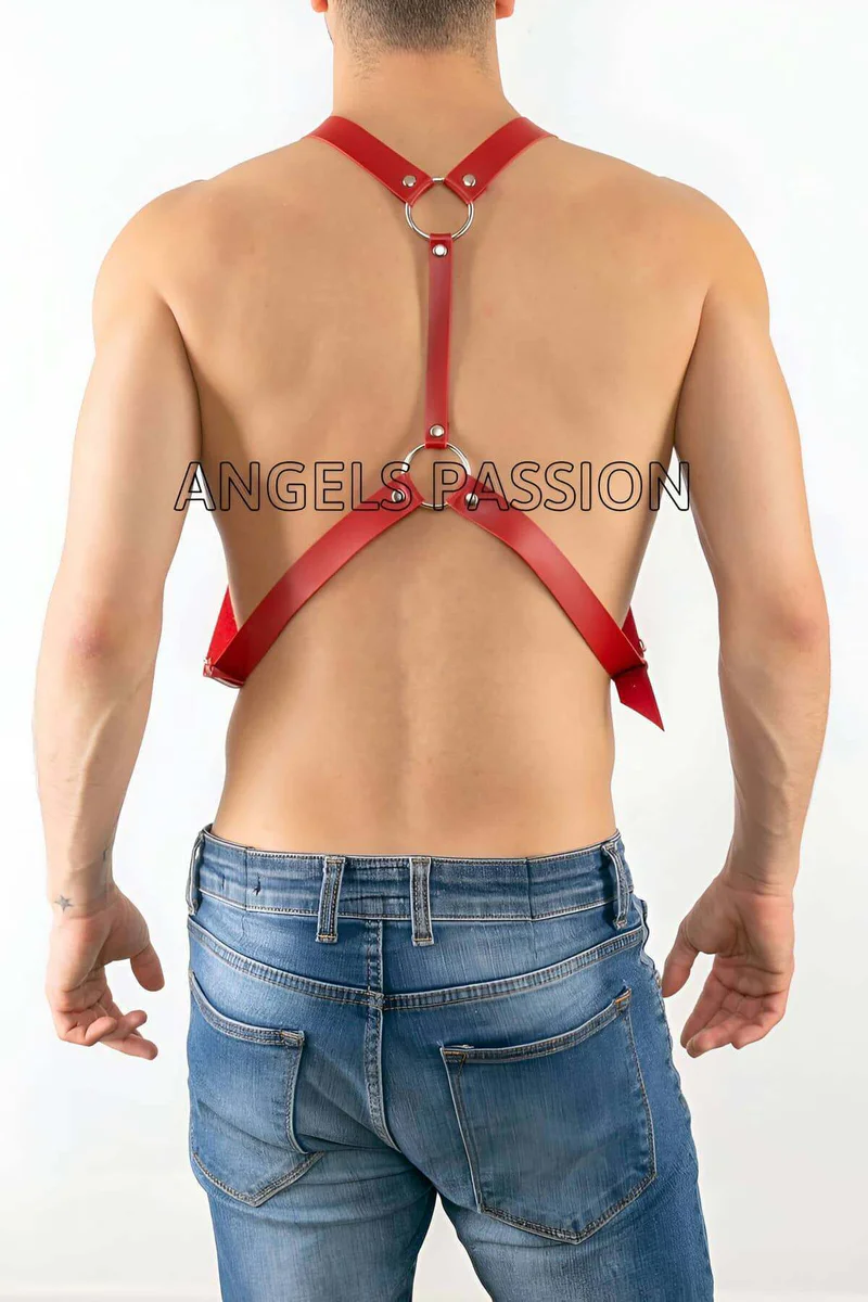 Red festival chest harness on a man'