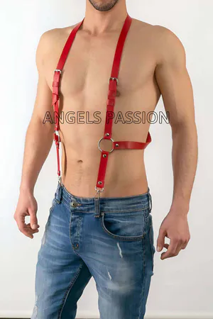 Red Faux Leather Suspenders Harness O-Rings Adjustable Shoulder Straps