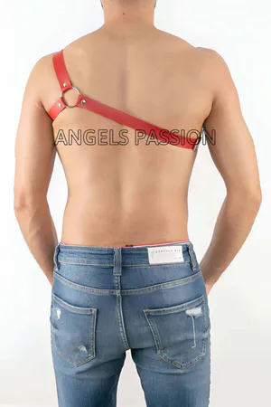 Red Vegan Leather One Shoulder Body Harness Men Adjustable Strap