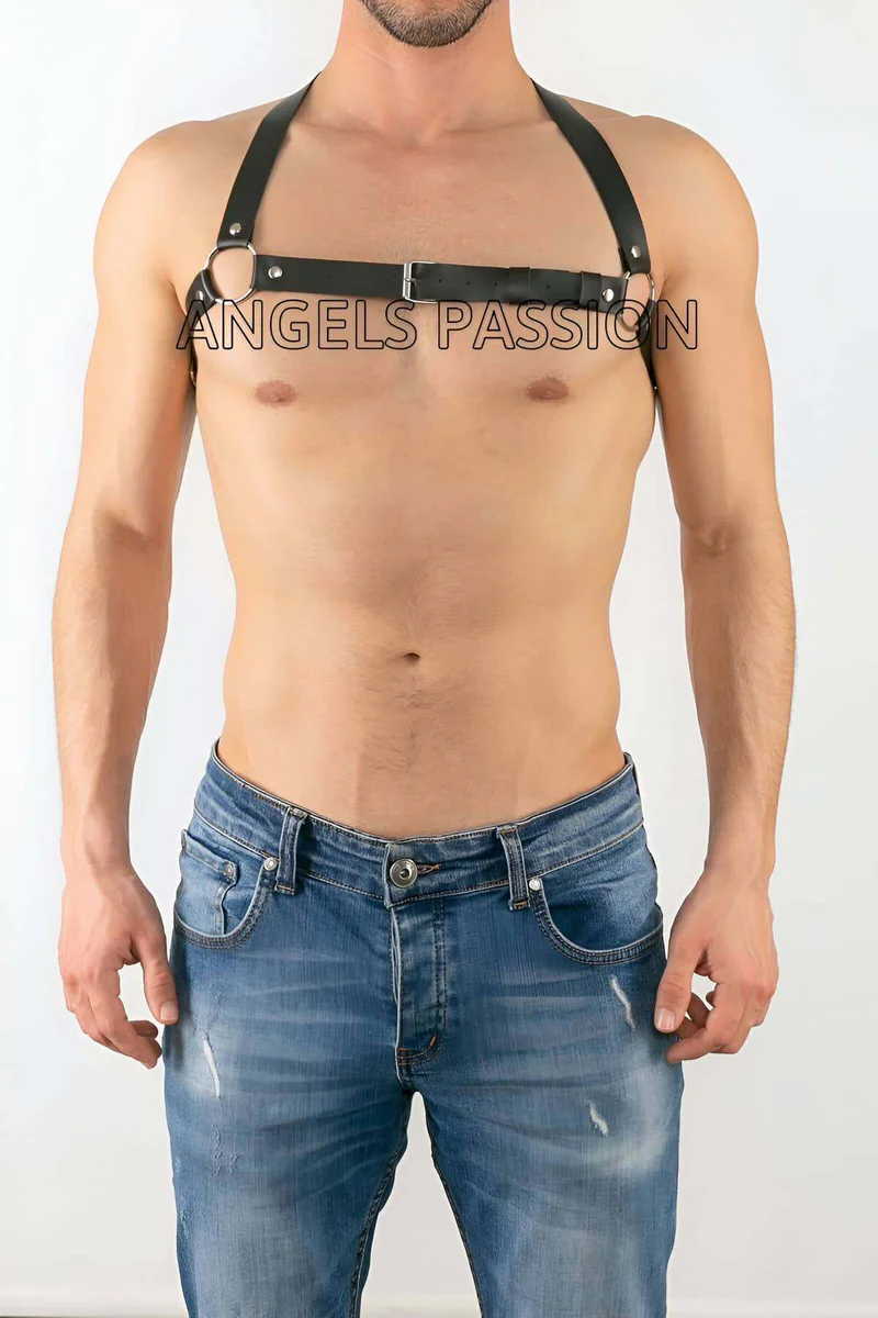 Black faux leather chest harness with adjustable straps and central O-ring