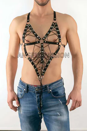 Black Faux Leather Caged Body Harness Men Lace-Up O-Ring Detail