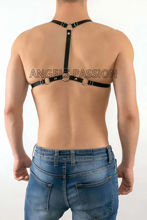 Black Faux Leather Caged Body Harness Men Lace-Up O-Ring Detail