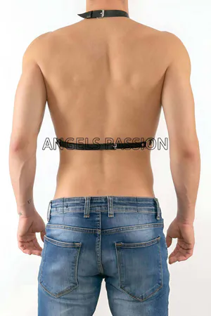 Black Faux Leather Chest Harness with Layered Silver Chains