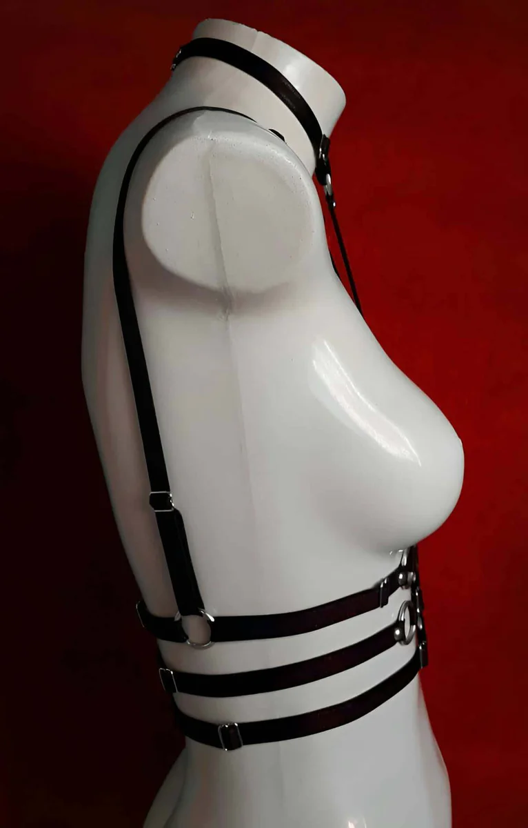 Black strappy full body harness silver rings side view