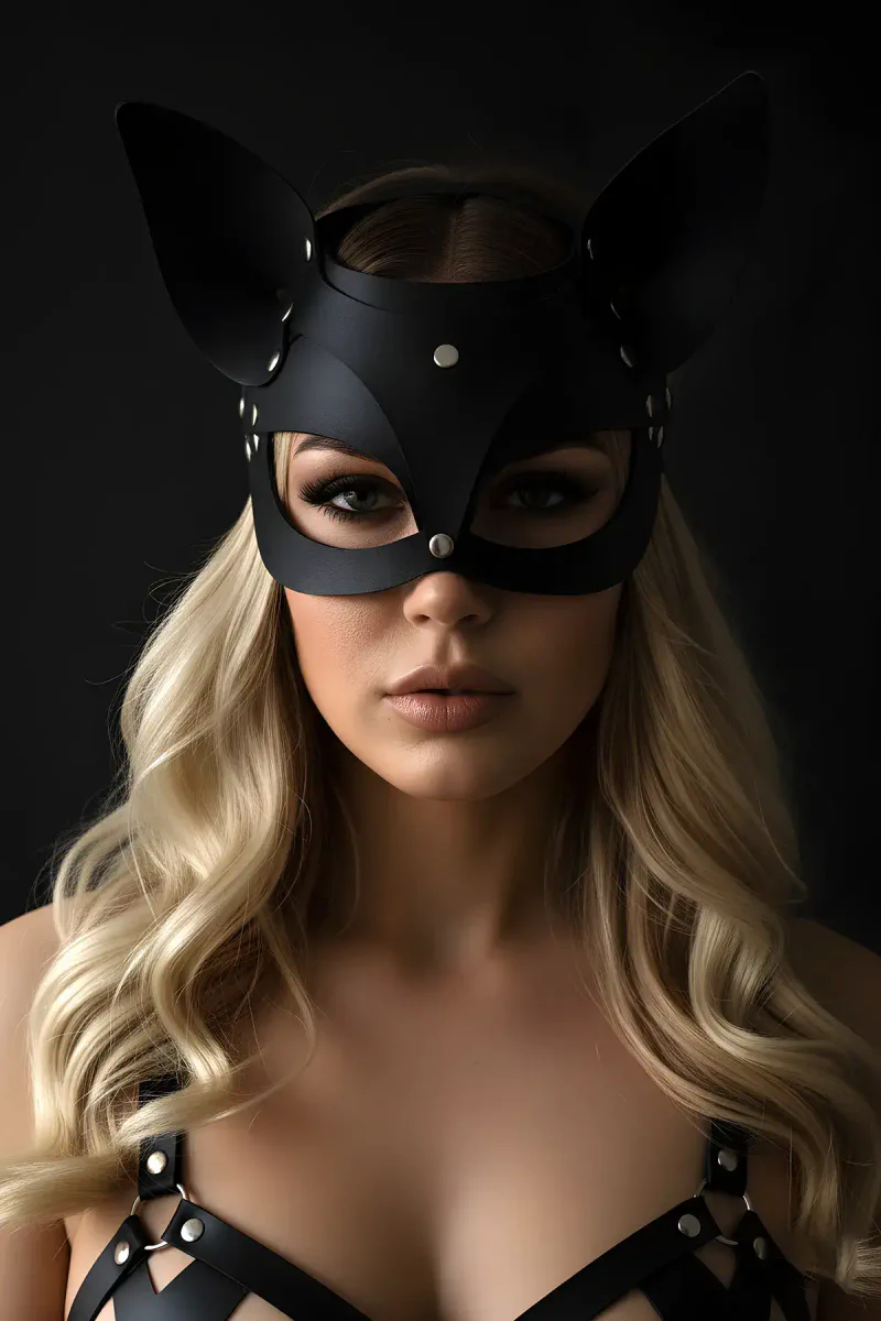 Black Faux Leather Cat Mask Side View Stud Details