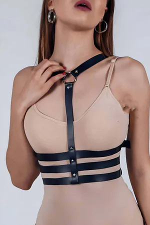 Black Faux Leather Underbust Chest Harness Women O-Ring Detail