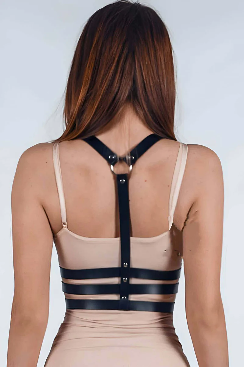 Black Faux Leather Chest Harness Side View Adjustable Straps and Rings