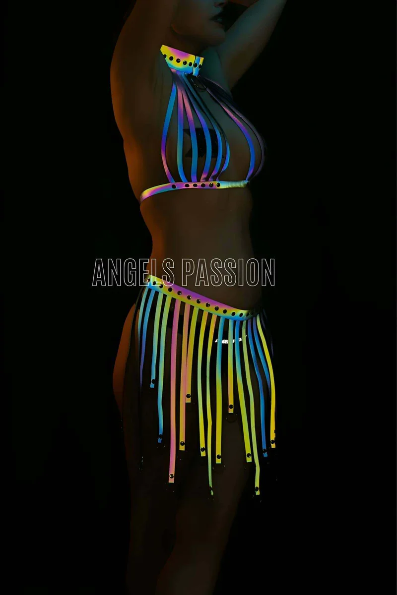 Reflective halter top close-up showing rainbow straps.