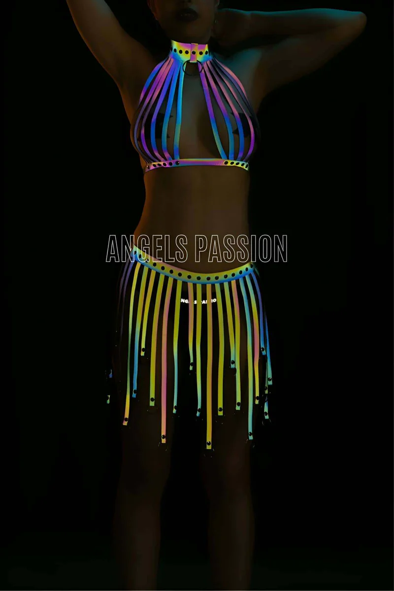 Full body view of reflective rave outfit on model.