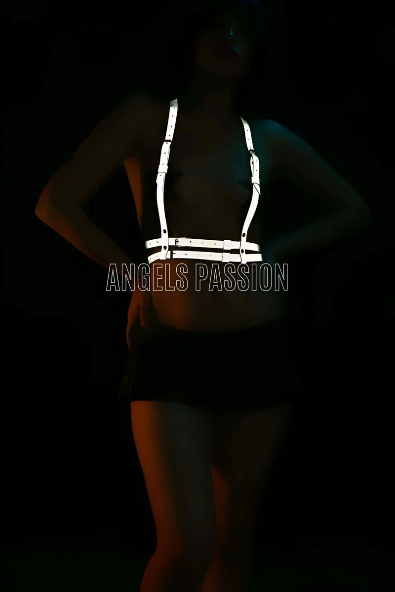 Side profile of the reflective chest harness showing strap configuration and adjustable buckles.