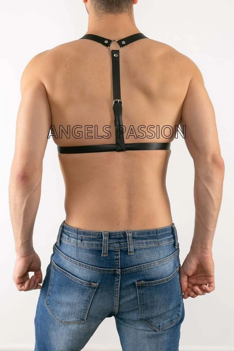 Black faux leather chest harness side view showing strap configuration and buckle detail
