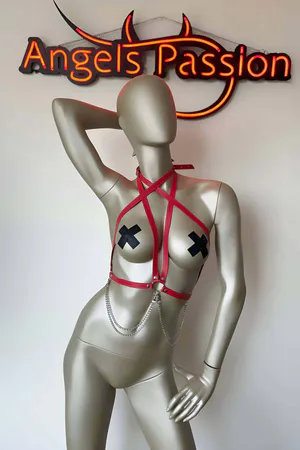 Red Faux Leather Chest Harness with Crisscross Straps and Silver Chains