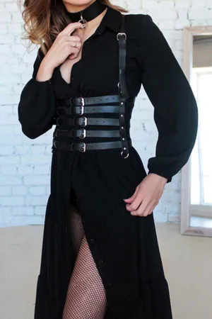 Siyah 5 Tokalı Suni Deri Kemer Harness ve Choker Set Tam Görünüm