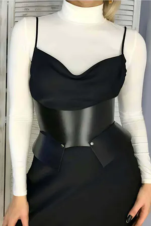 Siyah Faux Deri Korse Kemer Kadın Bel Şekillendirici Modern