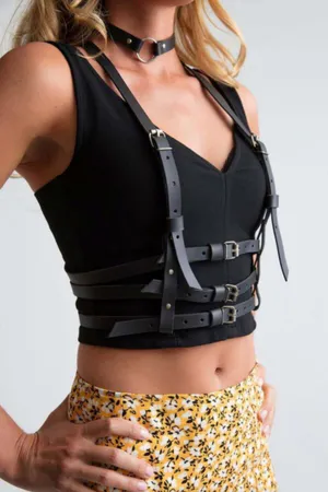 Siyah Suni Deri Ayarlanabilir Harness Kemer ve Choker Seti