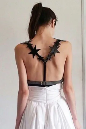 Siyah Suni Deri Yıldız Detaylı Göğüs ve Bel Harness Kadın