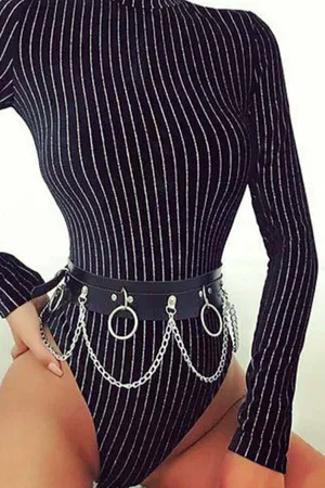 Siyah Metal Halkalı Zincirli Faux Deri Bel Harness Kadın