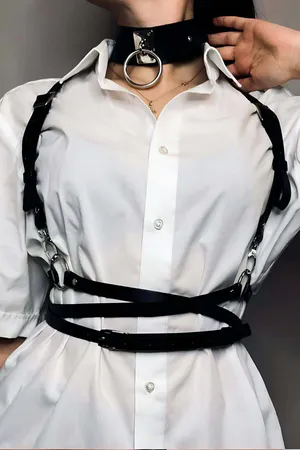 Siyah Suni Deri Metal Halka Detaylı Bel Kemeri ve Choker Tasma Seti