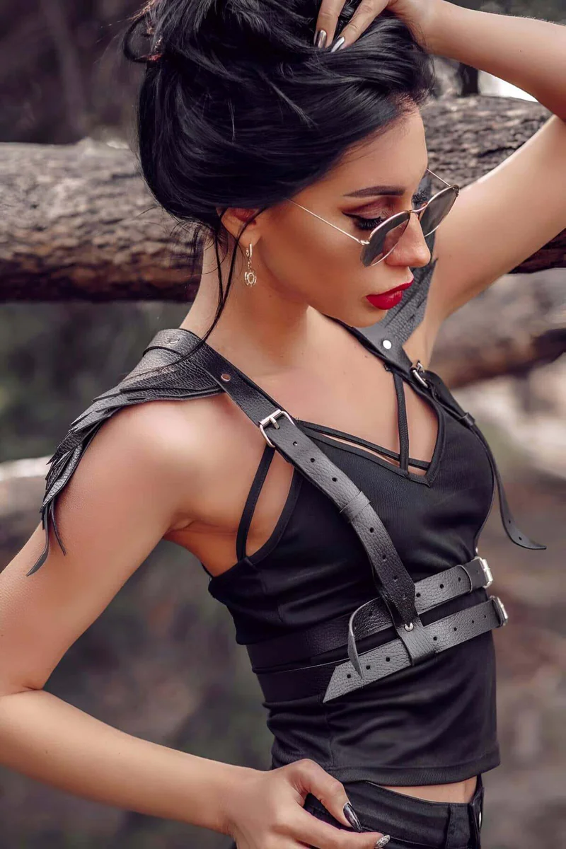 Black faux leather chest harness front view with dual buckle detail