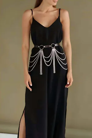 Black Faux Leather Waist Harness Belt Cascading Silver Chains O-Rings