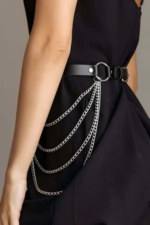 Black Faux Leather Waist Harness Belt Cascading Silver Chains O-Rings