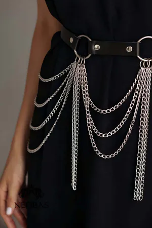 Black Faux Leather Waist Harness Belt Cascading Silver Chains O-Rings