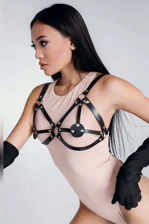 Black Faux Leather Caged Bra Harness with Silver O-Rings