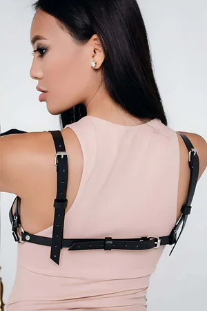 Black Faux Leather Caged Bra Harness with Silver O-Rings