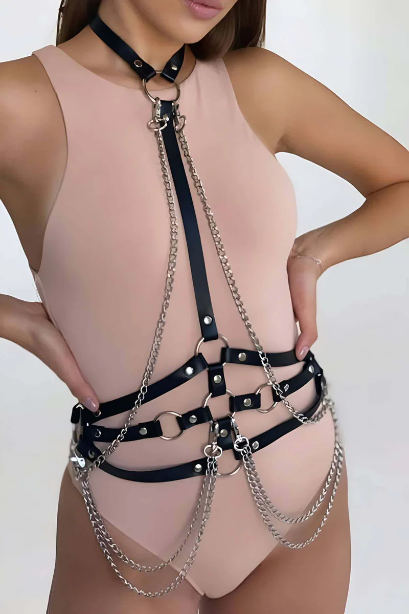 Black faux leather body harness side view adjustable waist strap with draped chains
