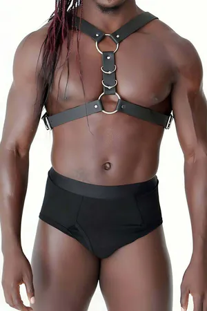 Black Faux Leather Chest Harness with Silver O-Rings Adjustable Straps