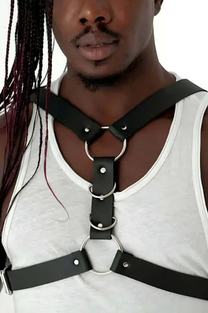 Black Faux Leather Chest Harness with Silver O-Rings Adjustable Straps