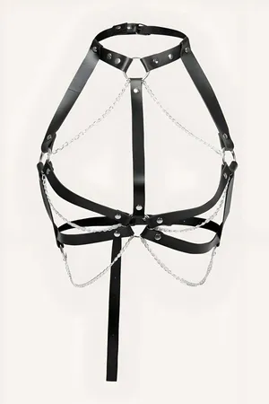 Black Faux Leather Chest Harness with Choker and Draped Chains Front View
