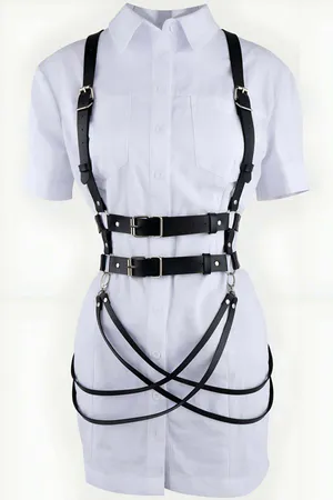 Black Faux Leather Caged Body Harness Double Waistbands Adjustable Shoulder Straps